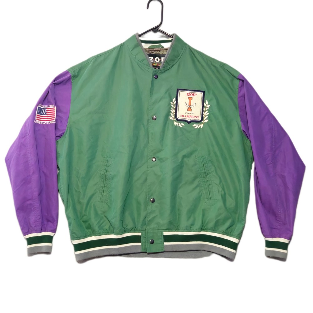 IZOD Mens Varsity Bomber Jacket XL Green Purple National Sport Meet Football VTG